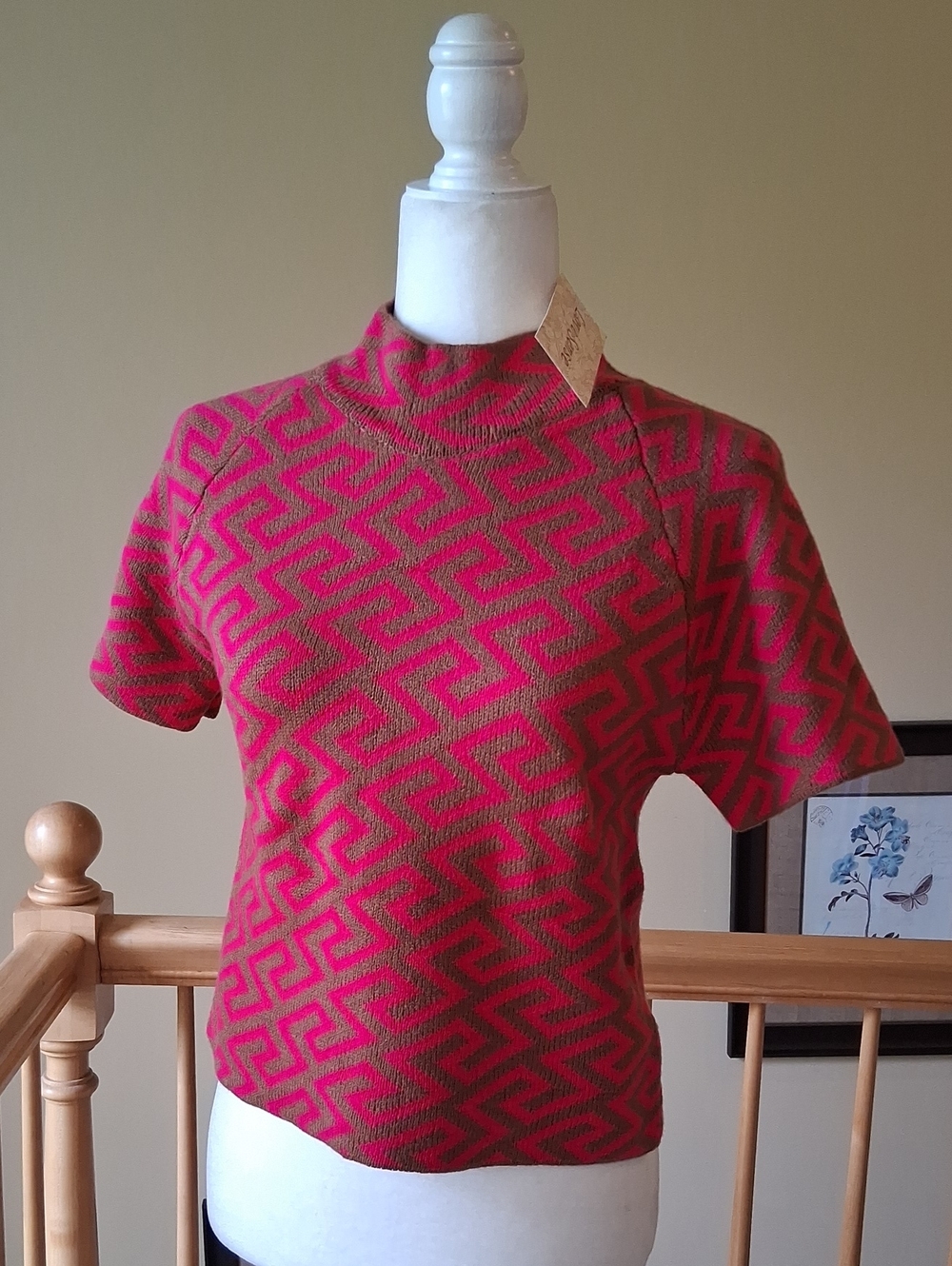 Love Sense Pink and Brown Geometric Pattern Knit Sweater Top
